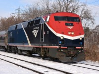 Really refreshing to see the new colourful AMTK Phase VII paint on the morning Amtrak thru town. This #125 has been thru a couple of times in the past week and I finally some decent weather to shoot it in. It certainly looks sharp, and shows what a cosmetic makeover can do for an image.
(Thanks to Terry O'Shell for the heads-up)