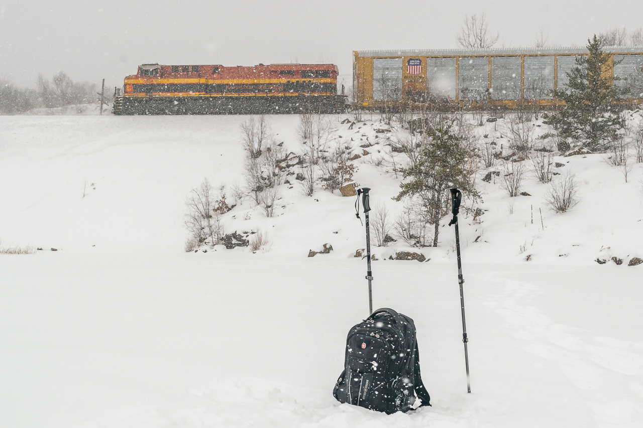 I don't like going train-watching for the sake of itself, but rather like to incorporate trains into other adventures. For instance, massive whiteouts swept the city on this day, and I decided to take that opportunity to snowshoe along the rail line on Ramsey Lake. In hindsight, the snow was a bit too thick for good photography, but it helps to set the mood. Gotta get these prime seasonal shots when we can!