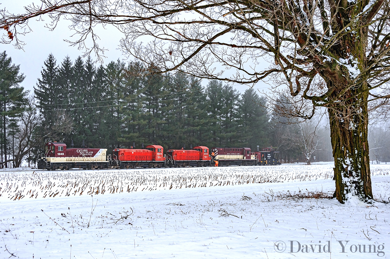 From the moment the plow commenced its day on the St Thomas there were issues. The old MLW would end up tripping a breaker and died numerous times during it's trip down towards St Thomas and back before finally calling it quits just outside Ingersoll. A call was made to the crew of the days CAMI extra who were utilizing a trio of SW1200's. They finished up delivering a handful of racks to CN and ran down to tow the disabled plow back to Salford. Here, near mile 12 some crew members are in the midst of coupling up the hoses before heading for the shop.