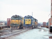 Here old paint scheme meets new. Resting for their next tour of duties are a set of SD 40's and a trio of SD 40's with one in the new scheme looking sharp even with the front marker lights. Taken from Maurice Dann's collection.