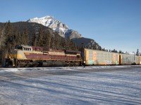 CP 7016 is a fine sight in classic maroon and grey paint as it heads west through Banff with Bensenville-Deltaport train 149.