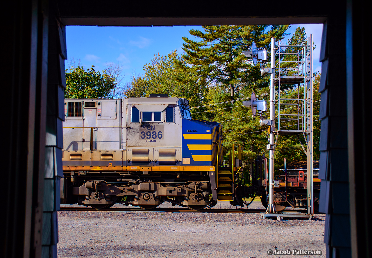 The mid train DPU on CN Q124 squeals past the VIA station shelter at Washago as the train negotiates the twists and turns through town.