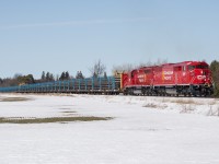 CP 9017 and CP 6011 lead a loaded rail train down the Hamilton Subdivision on a sunny March afternoon. The train would spend the next few days dropping rail along the line. Of note, the 9017 was the SD40-2F that wore the BAR Heritage paint when it was owned by the CMQ.