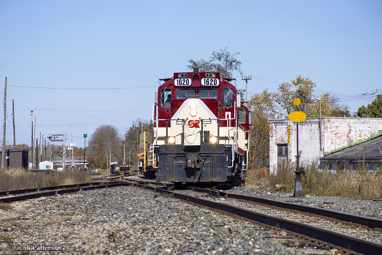 Building their train, OSR's repainted GP9us lift a cut of flatcars loaded with steel destined for the transload at Ingersoll.