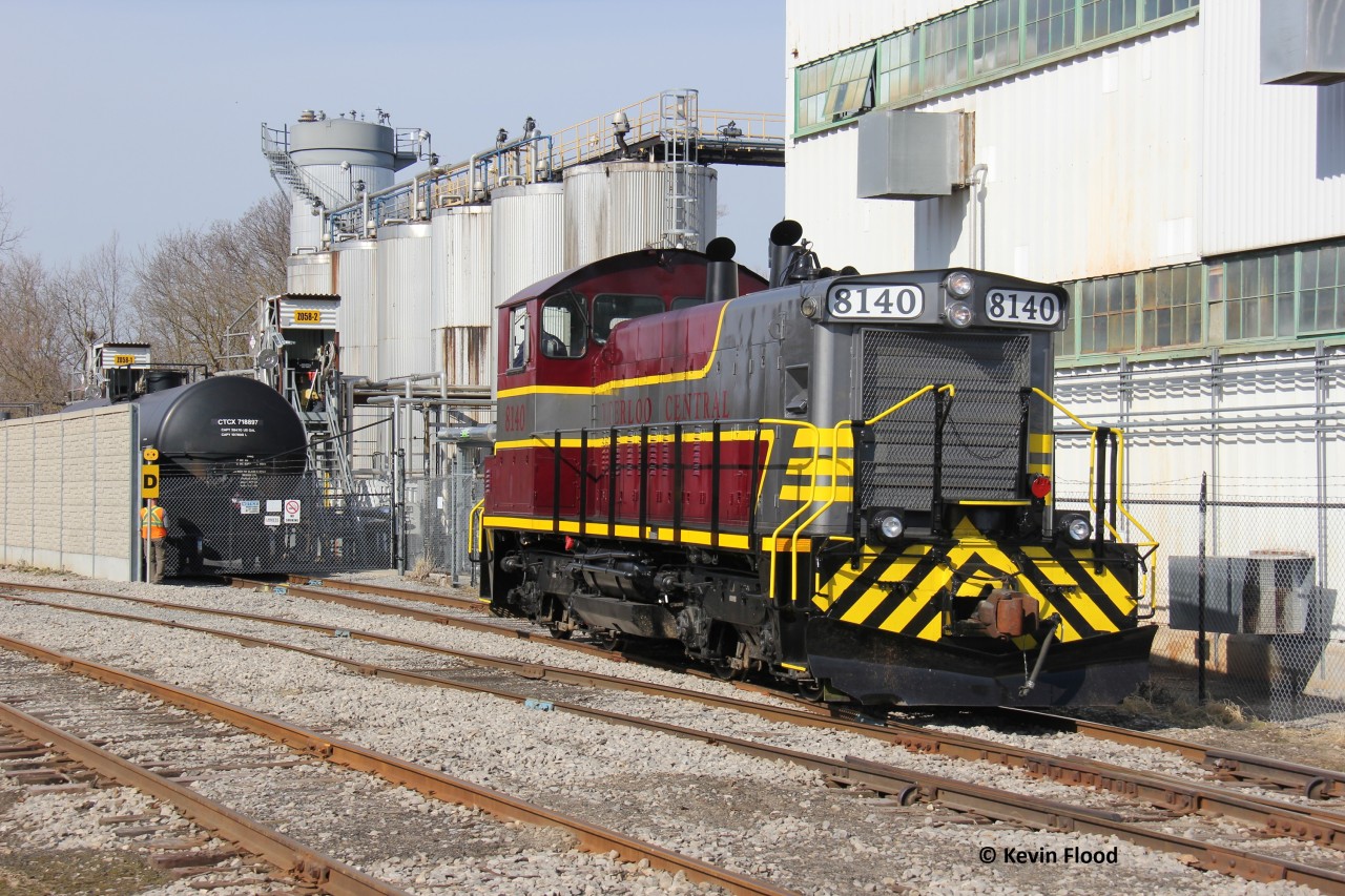 Waterloo Central Railway (WCR) begins its work at the Lanxess chemical plant in Elmira, ON with 8140. I've heard the unit is actually not owned by WCR which begs the question about what reporting marks it uses. That being said, it's interesting that it's in WCR paint. The unit looks spectacular with classic CP paint, and I was happy to have the opportunity to photograph this operation.