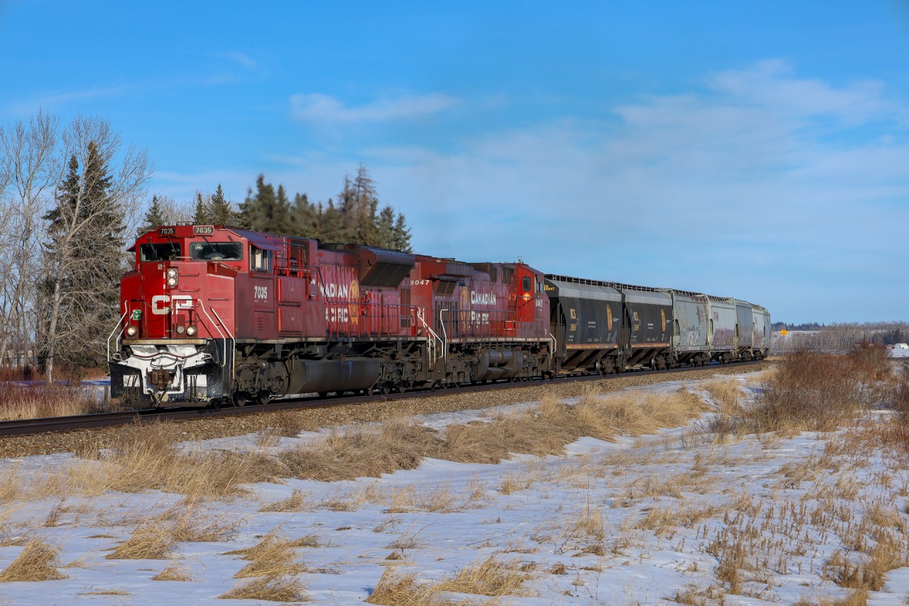 CPKC 303-616 grinds upgrade towards Olds, Alberta with CP 7035 leading.