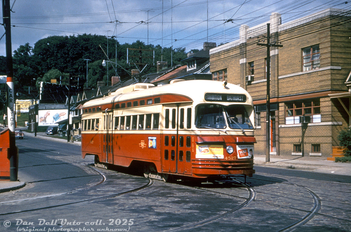 TTC PCC 4527 (A9-class, built CC&F 1951) operates on a Bathurst CNE run, heading southbound on Bathurst Street just below Davenport Road passing the turn-in tracks into TTC's Hillcrest Shops.

Operating for nearly four decades, 4527 was not rebuilt into an A15-class PCC, and continued to operate in service until being retired in 1988 and sold for scrap.

Original photographer unknown (duplicate slide), Dan Dell'Unto collection slide.