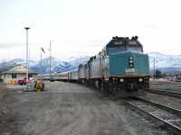 VIA 6419 is on the point of VIA 001 The Canadian at Jasper, AB on this very cold and breezy March 1st early morning. The sun has not yet risen over the peaks surrounding the CN yard. <br>
A single stand-by locomotive rests on the backtrack at the very left of the frame. 