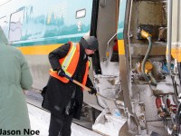 A VIA Rail service attendant clears snow from an LRC coach before a platform of passenger’s board VIA Rail train 84 at the Kitchener, Ontario station. While the winter of 2024, paled in comparison to this year’s winter there were still some snowy days to contend with. 